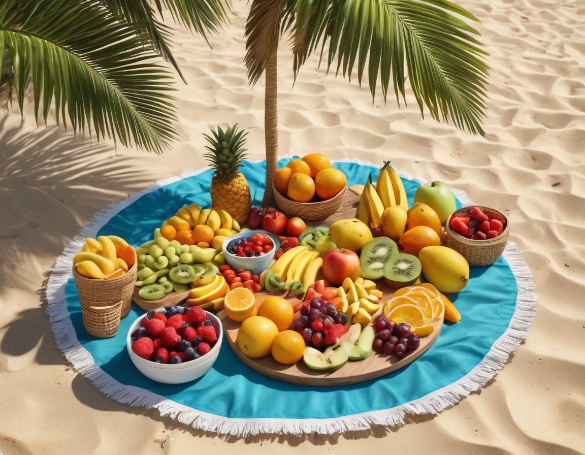 A vibrant summer scene showcasing a beach picnic spread with colorful fruits and healthy snacks, surrounded by sun-kissed beachwear styles. Incorporate a radiant sun shining down, casting playful shadows, and people enjoying the food in a joyful atmosphere. Include elements like a beach umbrella, flip-flops, and tropical palm trees. super-realistic. vibrant colors. 3D.