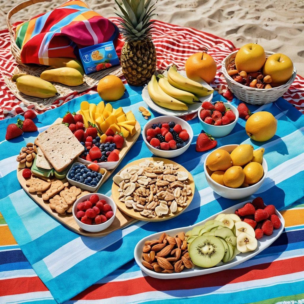 A vibrant beach scene featuring a variety of wholesome snacks laid out on a colorful picnic blanket. Include fresh fruits, nuts, and energy bars with waves gently rolling in the background and sunbathers enjoying the warmth. Capture a sense of joy and vitality, emphasizing the connection between healthy eating and outdoor adventures. bright colors. detailed and lively. 3D.